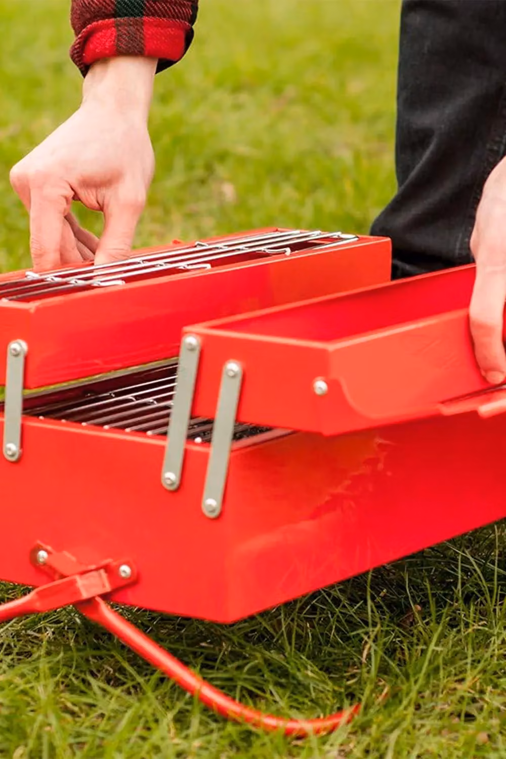 Suck UK Stainless Steel Charcoal Tabletop BBQ Grill in Red and Silver with Warming Rack – 8