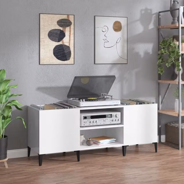 Berkfield Home Record Cabinet in High Gloss White, W/D/H: 121 x 38 x 48 cm