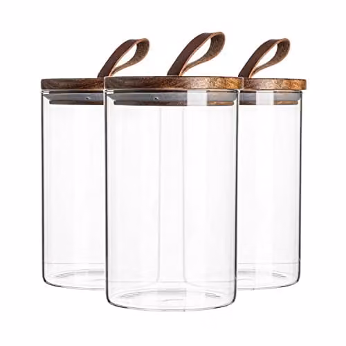 Argon Tableware Scandi Glass Storage Jars with Airtight Wood Lids, 1 Litre, 6 Pack, Transparent and Brown