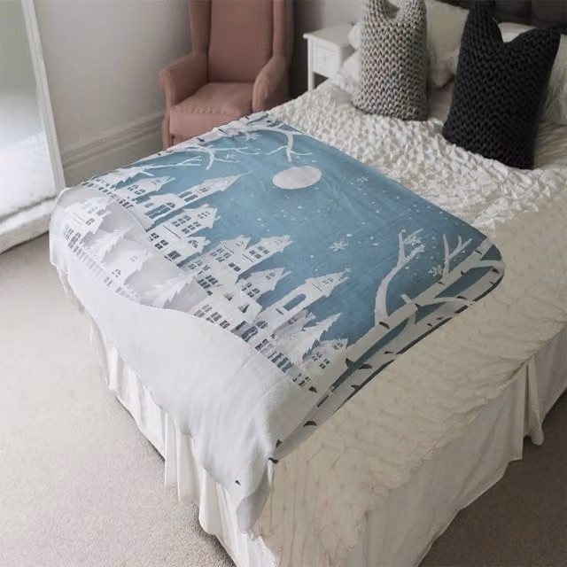 Benjamin Tate Design LTD Winter Snow Urban Countryside Soft Blanket in Blue