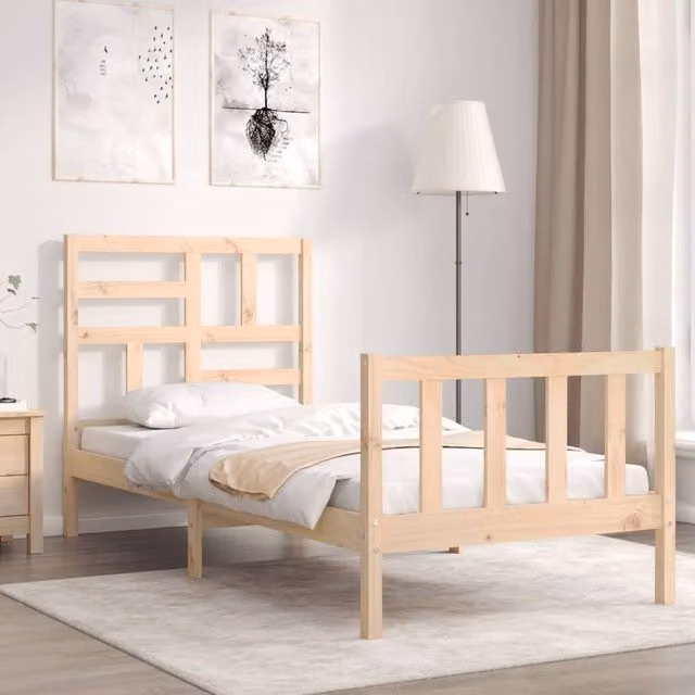 Berkfield Home Small Single Solid Wood Bed Frame with Headboard in Brown, 90 x 190 cm