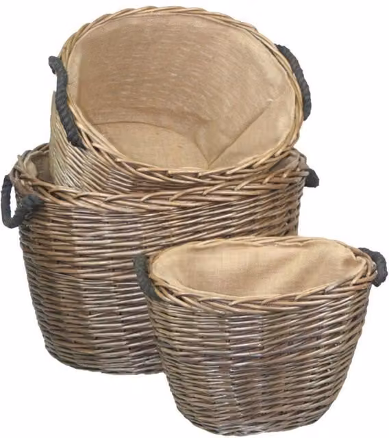 Red Hamper Set of 3 Brown Open Weave Rattan Log Baskets with Hessian Lining and Handles, Width: 39 cm – 1