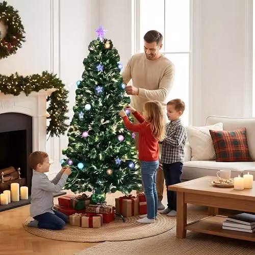 Shatchi 150 cm Green Fibre Optic Pre-Lit Christmas Tree with Multicolour Lights, Baubles and Star Topper – 6