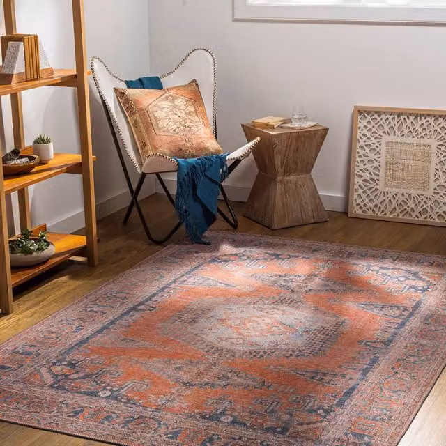 Livabliss Vintage Boho Machine Woven Washable Living and Dining Room Rug in Orange, Blue and Brown, W: 80 cm, L: 220 cm