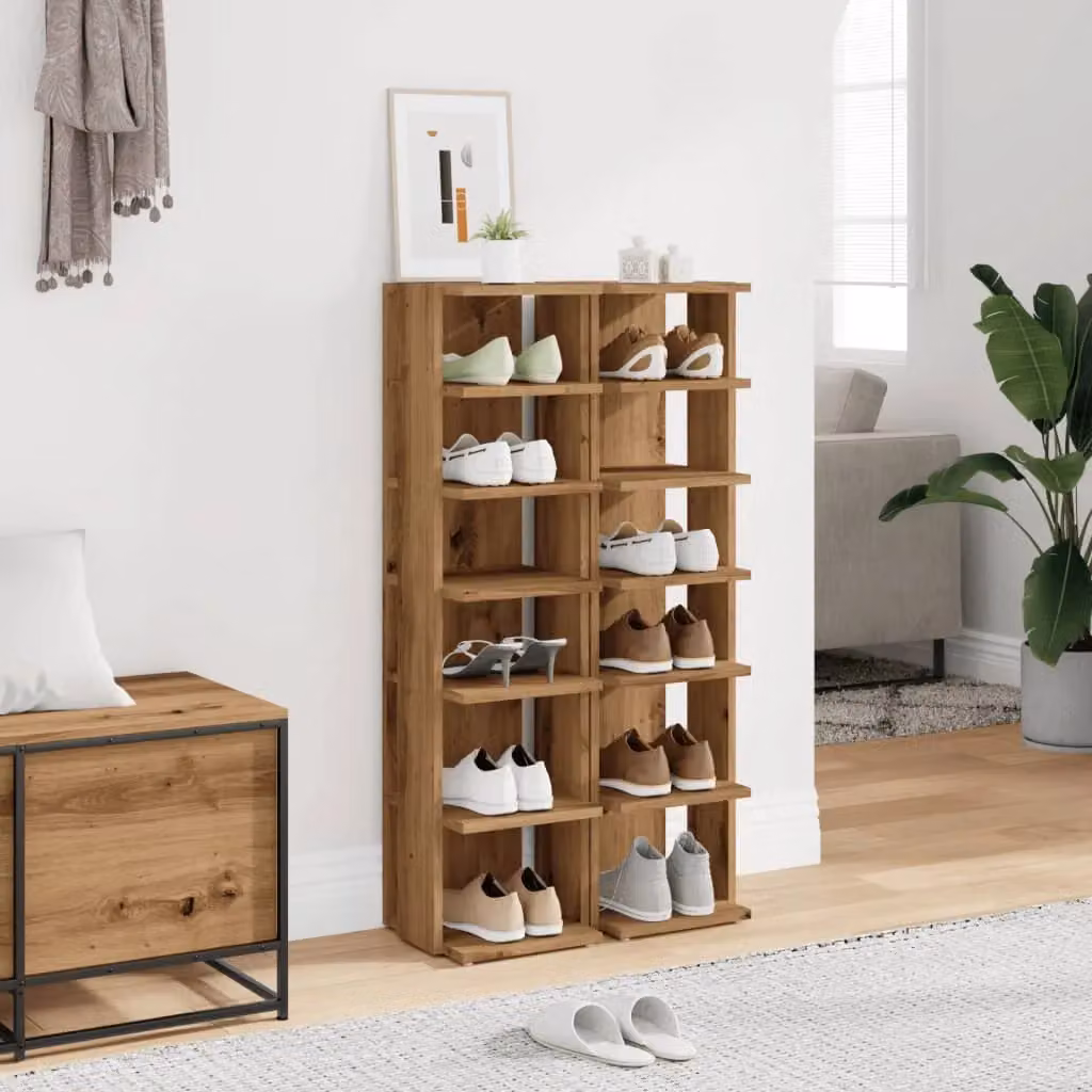 Berkfield Home Set of 2 Artisan Oak Shoe Cabinets in Brown, W/D/H: 28 x 27 x 102 cm – 3