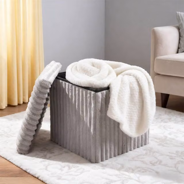 Groundlevel Grey Faux Fur Ribbed Cube Ottoman Storage Box