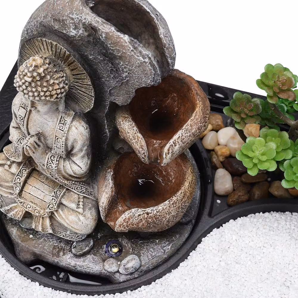 Living and Home Buddha Zen Tabletop Water Fountain with LED Light in Sand – 6
