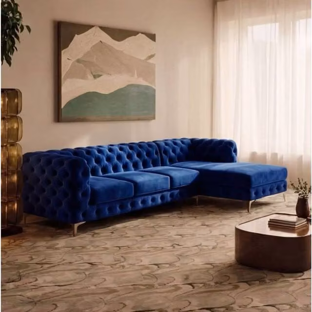 Sofaya Monaco Chesterfield 4 Seater L-Shaped Sofa in Blue Velvet with Right Hand Chaise