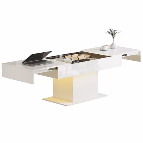 HOMCOM Extendable Modern High Gloss White Coffee Table with LED Lights – 1