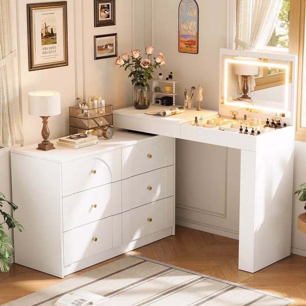 Merax L-Shaped Extendable Dressing Table with LED Flip Mirror and 7 Drawers in White and Gold – 2