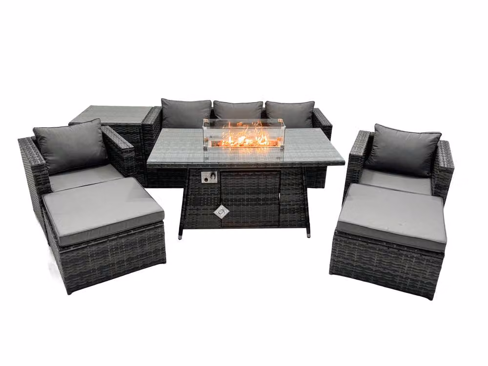 Fimous 7 Seater Rattan Garden Furniture Firepit Dining Set with Lounge Sofa, Table, Side Table and 2 Footstools in Dark Grey – 2