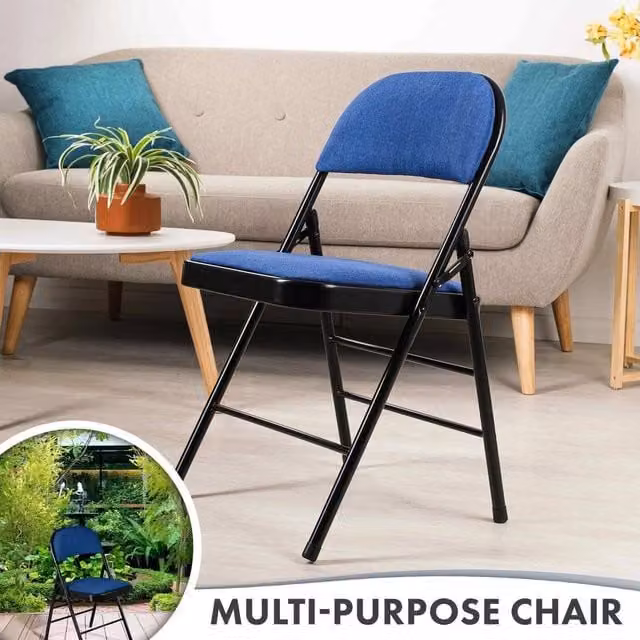 Kelvenix Navy Blue Folding Chairs with Padded Fabric Seats and Metal Frame