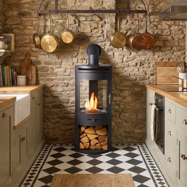 OKO S7 Bio Ethanol Panoramic Stove in Charcoal Grey with Angled Metal Pipe