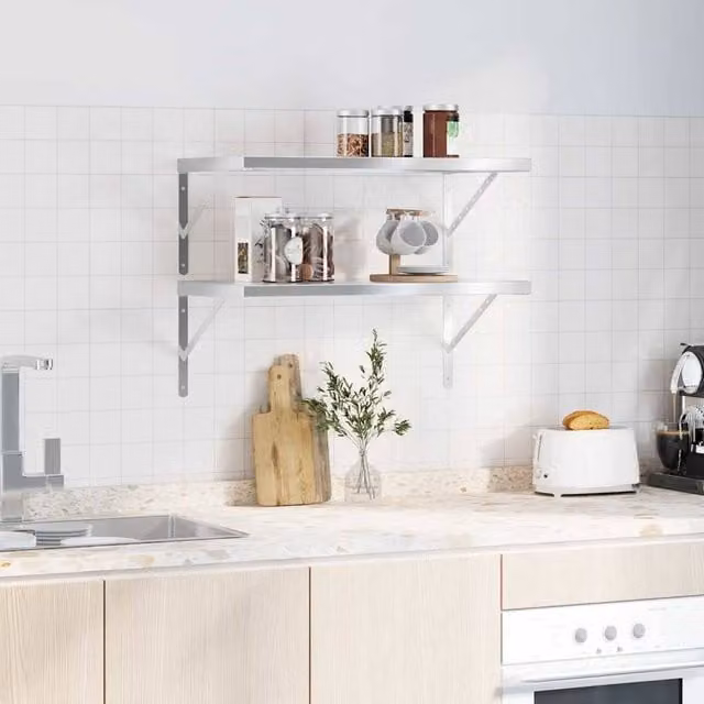 Berkfield Home Wall Mounted Metal Shelves, 2 Pack, Silver Stainless Steel, W: 75 cm, D: 40 cm, H: 3 cm