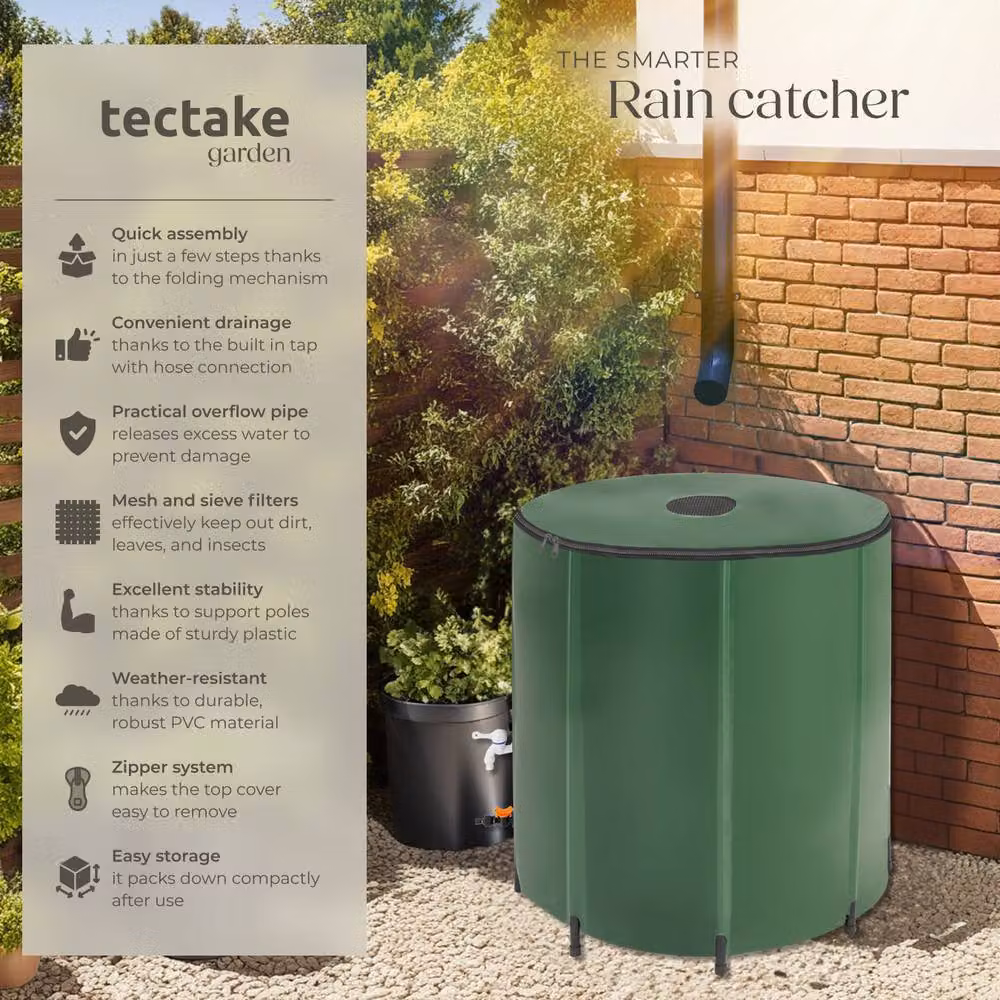 tectake Green Rain Barrel with Tap and Overflow Protection, 500 l – 2