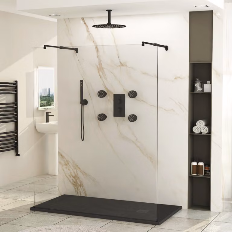 Royal Bathrooms Marbella Walk Through Wet Room Shower Screen, 8mm Clear Glass with 2 Matt Black Support Arms, W: 100 cm, H: 185 cm