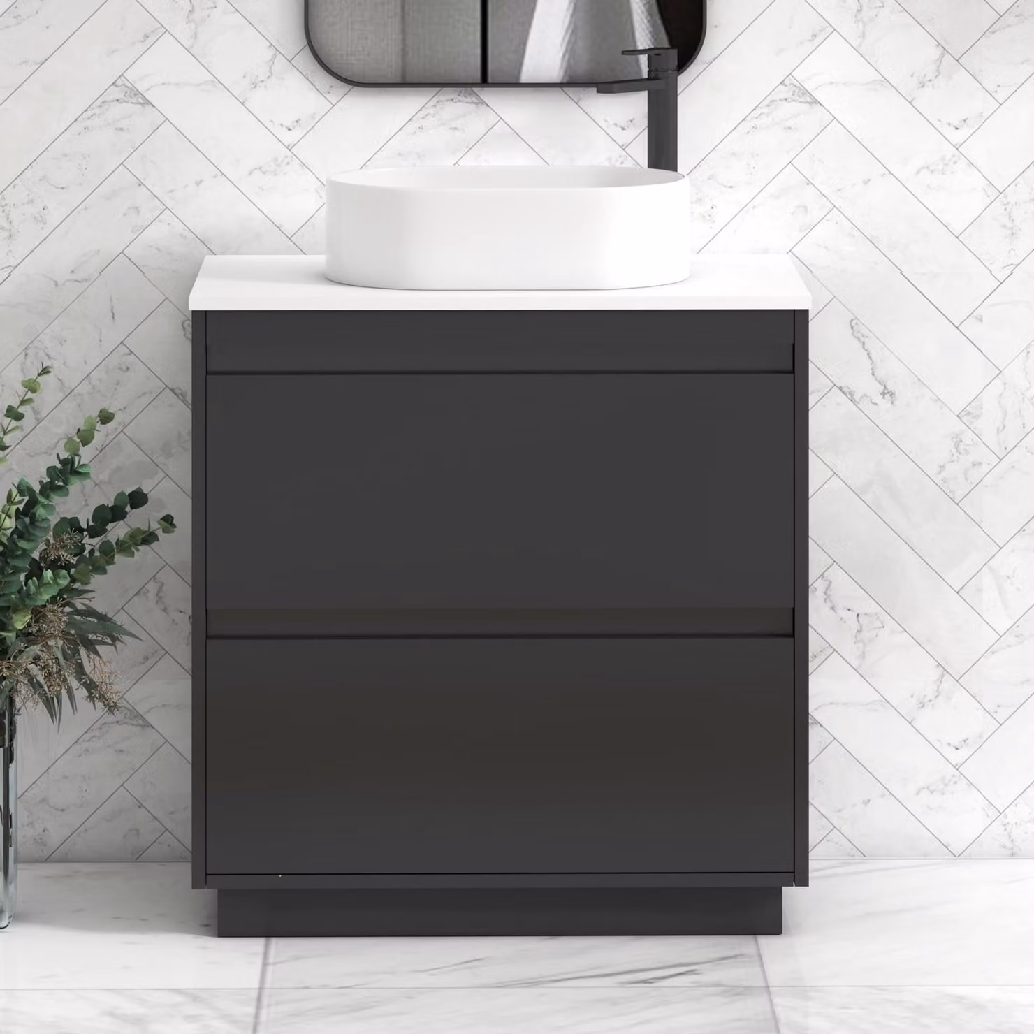 Royal Bathrooms Orion 800mm Matt Obsidian Black and Plain White Floor Standing Vanity Unit with 2 Drawers, Peak Basin and Black Accent Trim