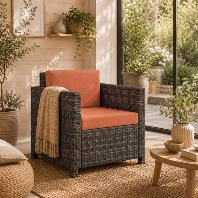 Wyld Haus Noette Faux Rattan Garden Armchair with Brown and Orange Cushions – 1