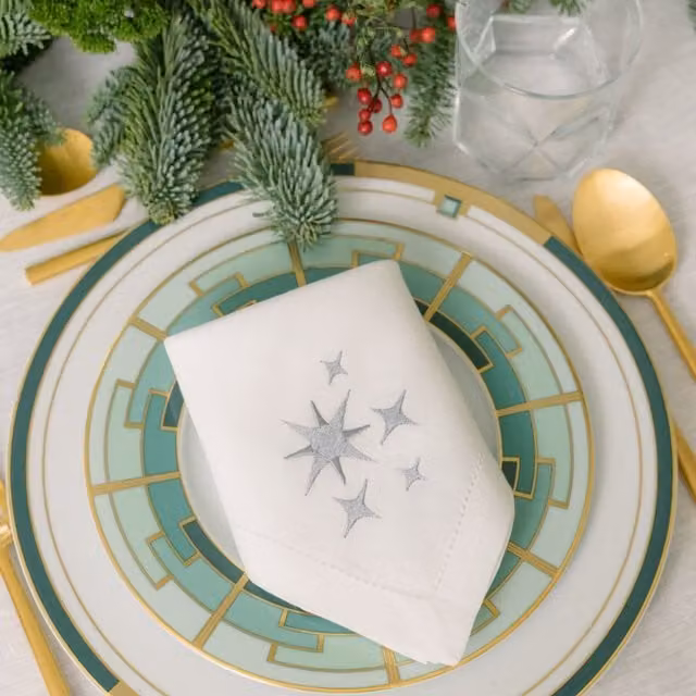 Mafra Art Deco Linen Napkins and Placemats with Embroidered Stars in White, Gold or Silver