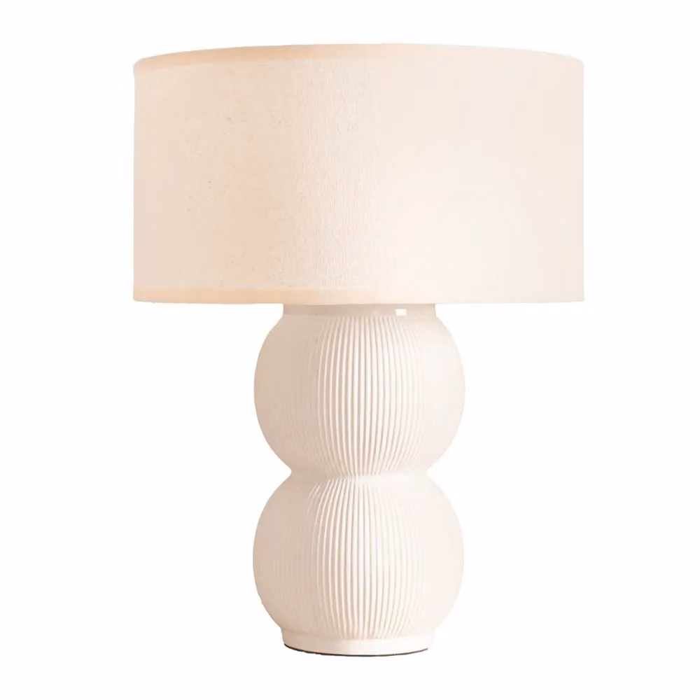 ValueLights Gemma Stacked Ribbed Ceramic Table Lamp with Beige Linen Trimmed Drum Shade and LED Bulb – 2