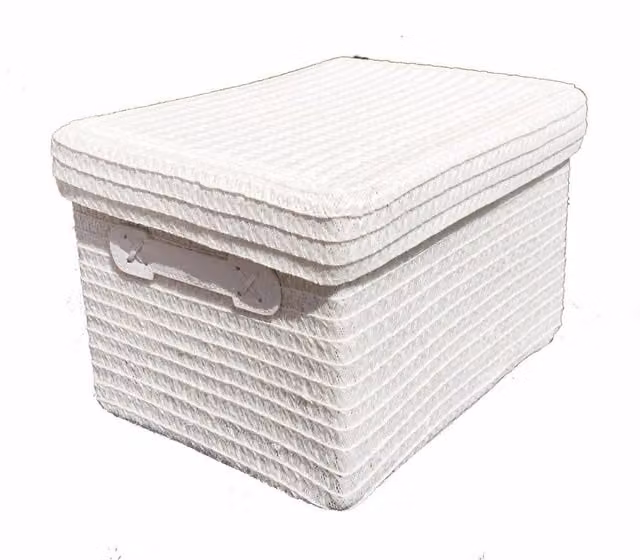 Topfurnishing White Fabric and Plastic Storage Basket with Handles and Lid, Diameter: 24 cm