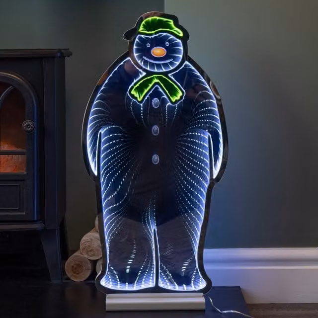 Samuel Alexander The Snowman LED Infinity Christmas Decoration with Wooden Base, White and Multicolour, H 60 cm x W 30 cm x D 30 cm – 1