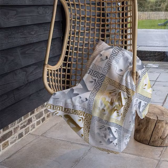 Benjamin Tate Design Egyptian Hieroglyphs In Gold and Silver Fleece Blanket in Sand, W/D/H: 120 x 150 cm