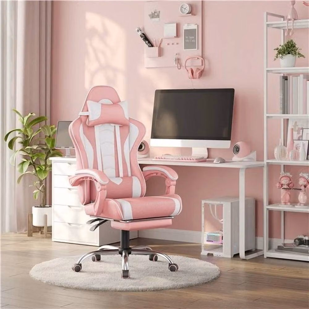 KORVIXA Pink and White Ergonomic Gaming Chair with 360 Degree Swivel and Headrest – 2