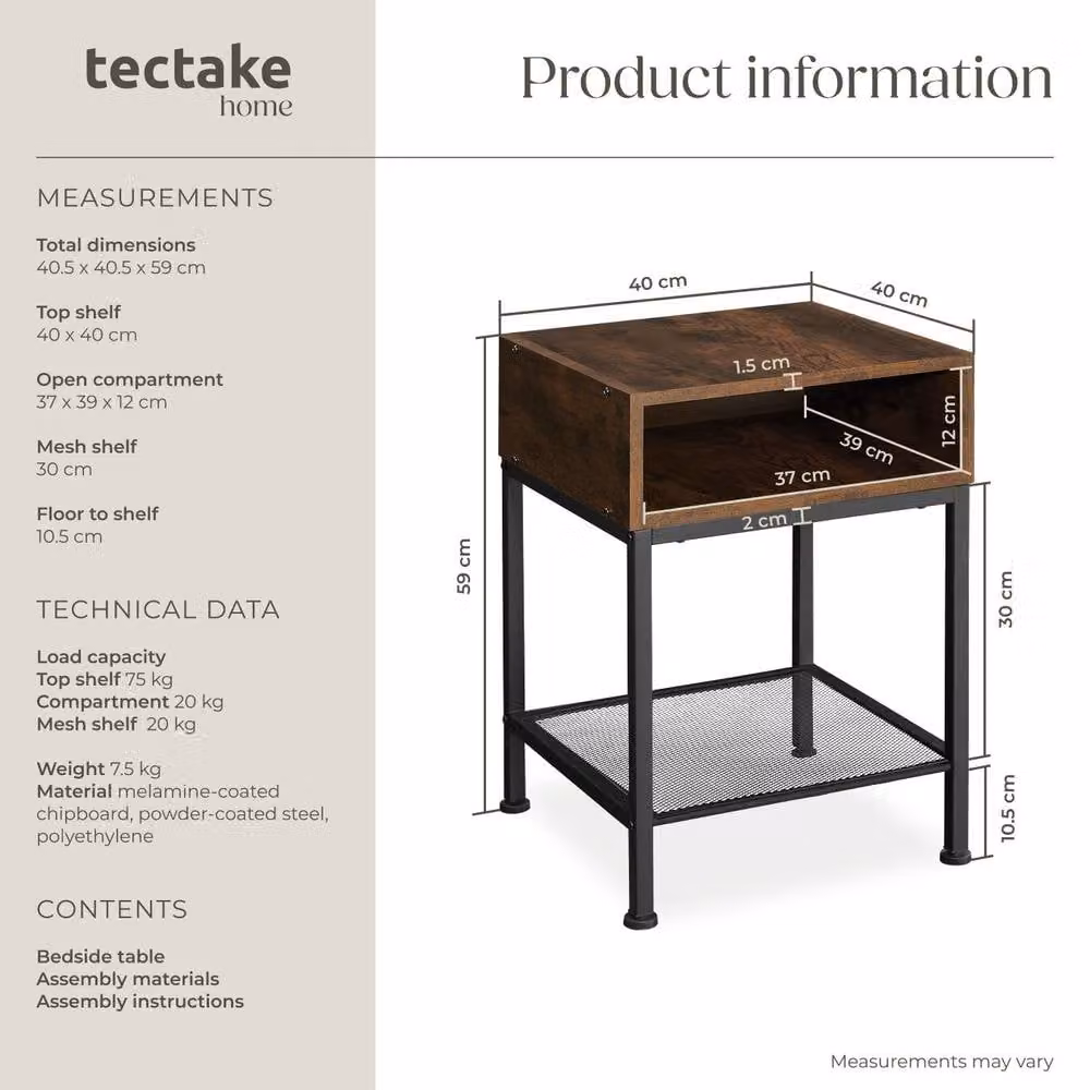 tectake Harlow Bedside Table in Brown Rustic Wood and Metal – 6