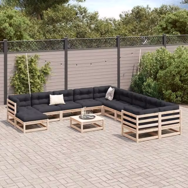 Berkfield Home Beautiful 12 Piece U-Shape Garden Sofa Set in Solid Pine Wood with Beige Fabric Cushions and Matching Ottoman