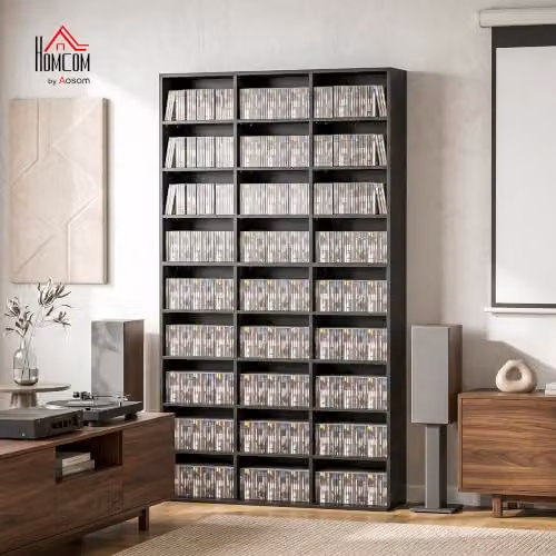 HOMCOM Modern Black Media Storage Unit with Adjustable Shelves and Media Compartments, H 175 x W 100 x D 33.6 cm – 2