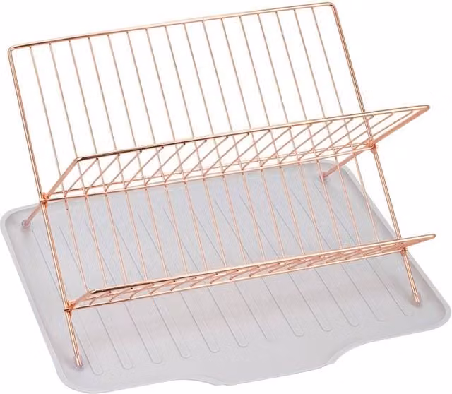 Garden Sanctuary 2 Tier Foldable Metal Countertop Dish Drying Rack with Drip Tray in Gold