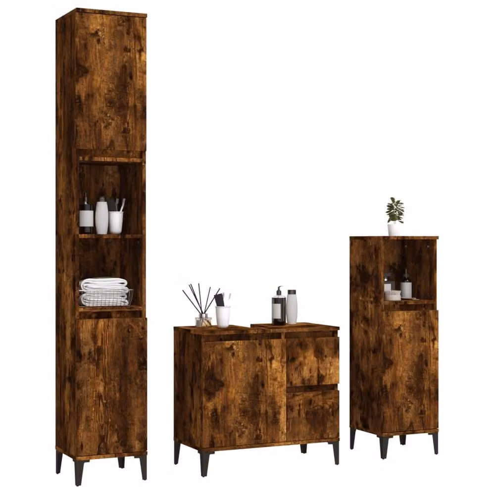 Berkfield Home 3 Piece Modern Bathroom Cabinet Set in Smoked Oak Brown – 3