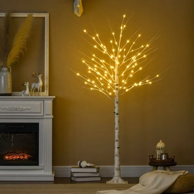HOMCOM 6ft Artificial White Birch Tree with 96 Warm White Lights