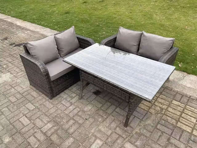 Fimous Dark Grey PE Rattan Garden Furniture Set with 2 Seater Love Sofa and 4 Seater Rectangular Dining Table