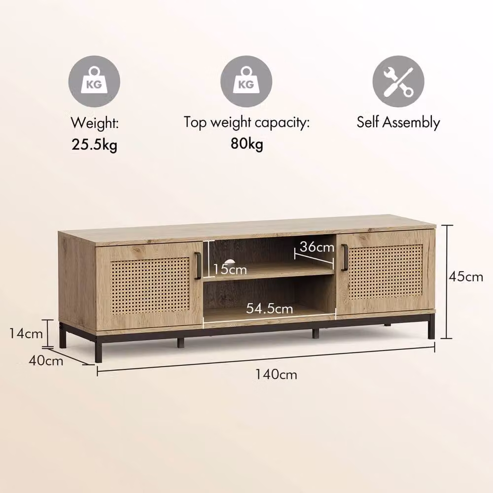 NESTLUNE Brown Rattan Effect TV Stand for Living Room, W: 100 cm, D: 15 cm – 2
