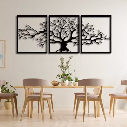 YOUR HOME RULEZ Tree of Life Black Metal Wall Art, 3 Piece Floral Botanical Decor Set, Width: 74 cm