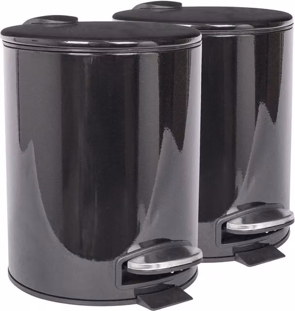 Harbour Housewares Pack of 2 Round Stainless Steel Pedal Bins with Removable Inner Buckets, Black, 5L