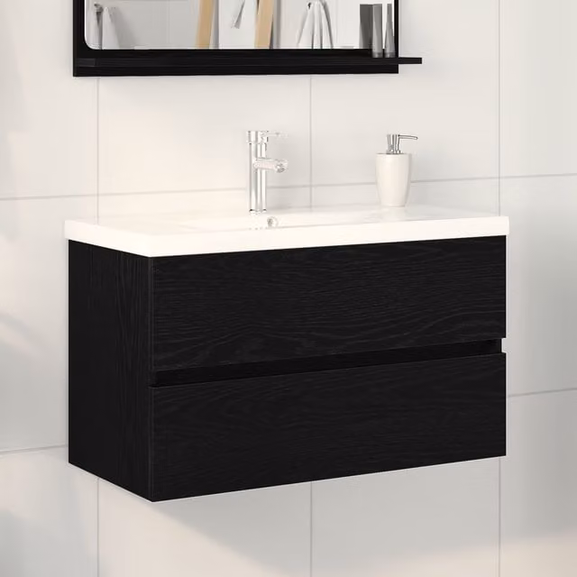 Berkfield Home Sink Cabinet with Built-in Basin in Black Oak, W/D/H: 80 x 38.5 x 45 cm