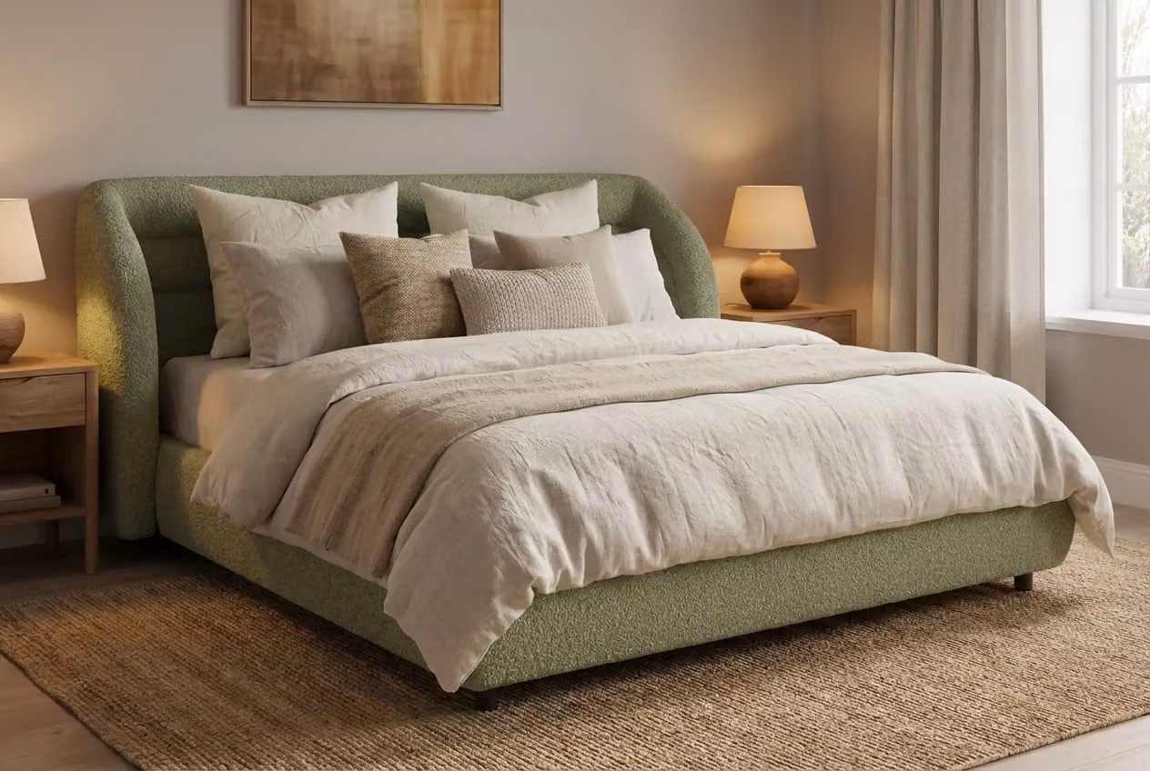 Araco Atelier Drift Upholstered Bed in Beige and Green