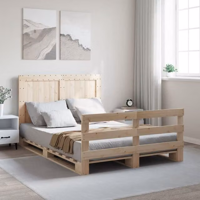 Berkfield Home Solid Wood Pine Bed Frame with Headboard in Brown, W/D/H: 140 x 200 cm – 1