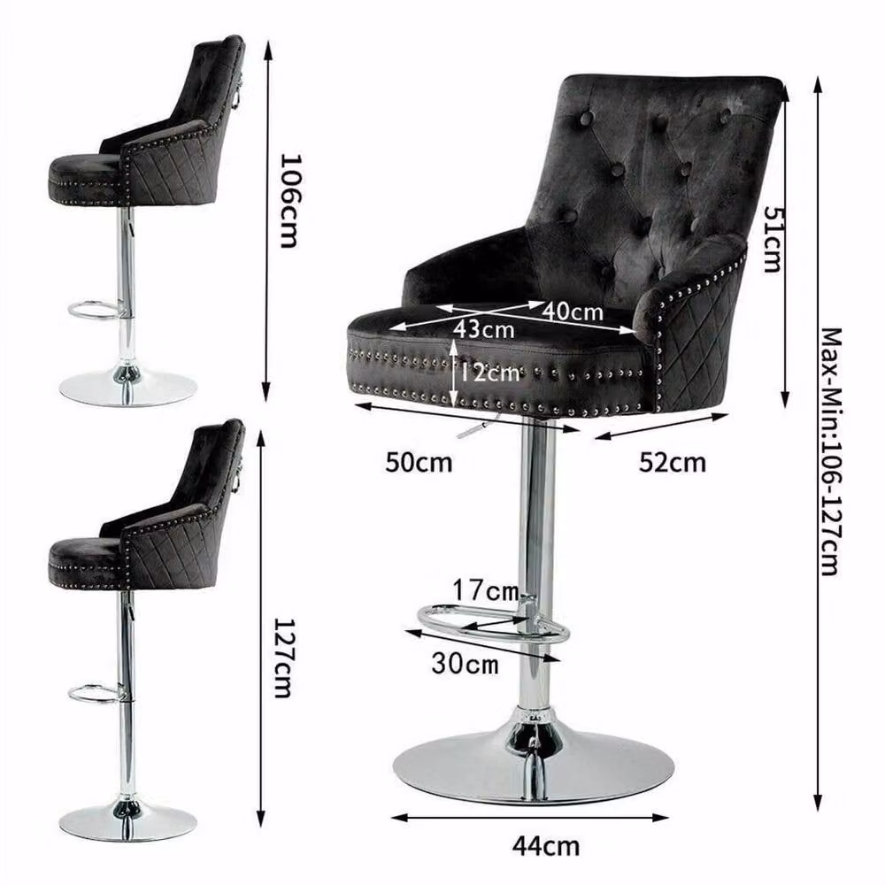 PAWNORA Set of 2 Black Velvet Lion Knocker Bar Stools with Metal Frames – 2