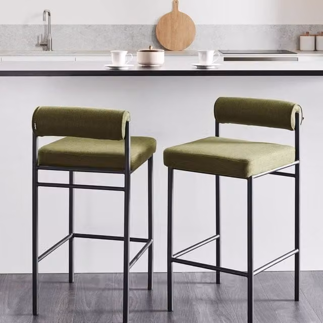 Wyld and Coco Set of 2 Green Polyester Bar Chairs with Black Metal Legs and Roll Backrest