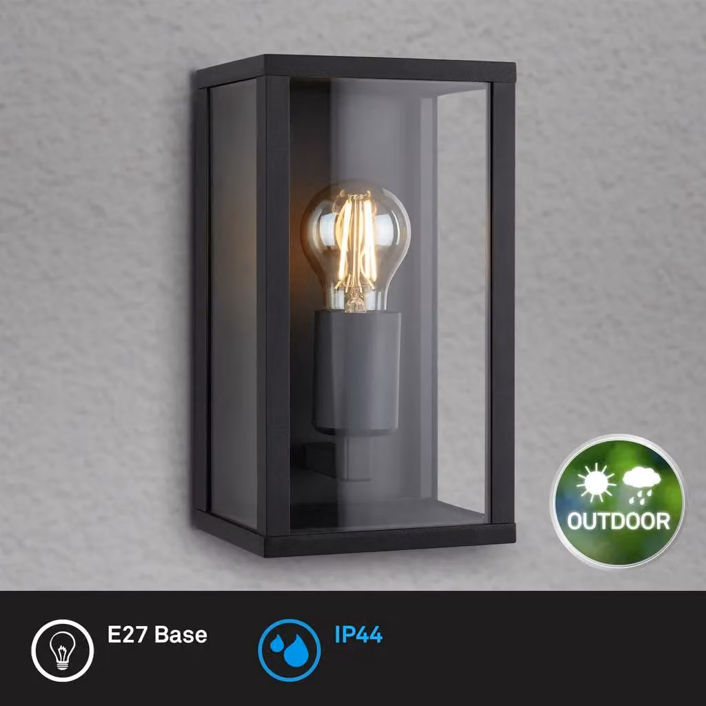 Briloner Black Outdoor Wall Light with Glass Pane, IP44 Water-Resistant, E27 Max 12W, W/D/H: 26 x 14 x 13.5 cm – 2