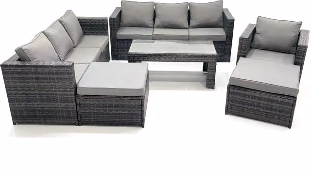 Fimous 9 Seater Rattan Garden Furniture Set in Dark Grey with 3 Seater Sofa, Coffee Table and 2 Ottomans