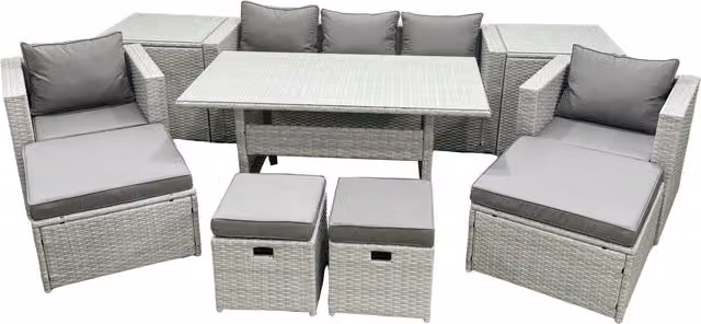 Fimous 9 Seater Rattan Garden Furniture Set with Glass Top Dining Table and 2 Side Tables in Light Grey – 1