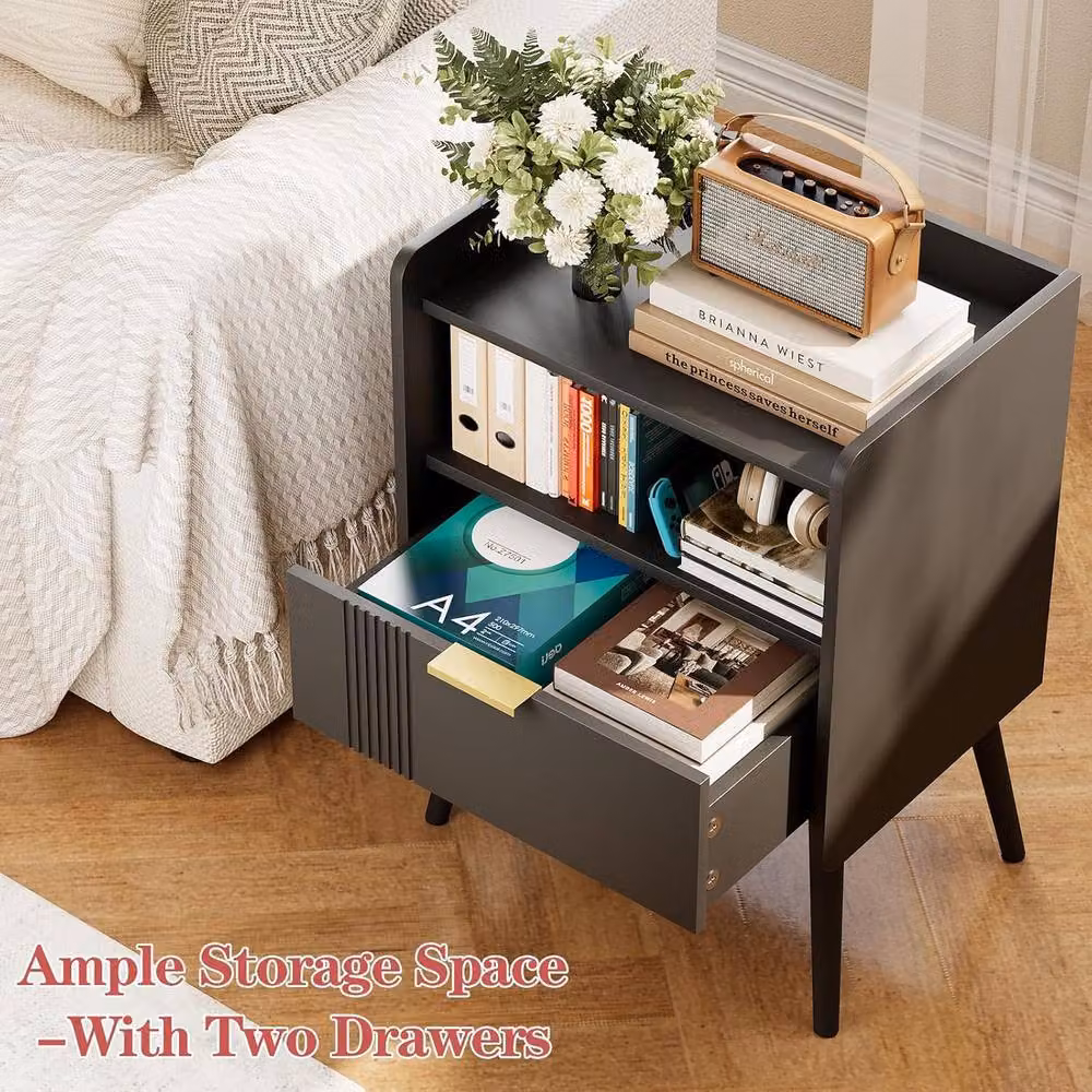 Huhote 2-Tier Wooden Bedside Cabinet with Drawers, Black, W/D/H: 41.4 x 30.0 x 29.97 cm – 7