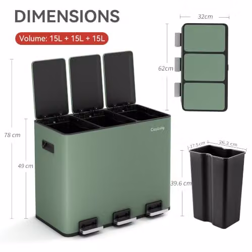 MCC Direct 45L Stainless Steel Kitchen Recycling Pedal Bin with Soft-Close Lids and Removable Inner Buckets, Green – 2