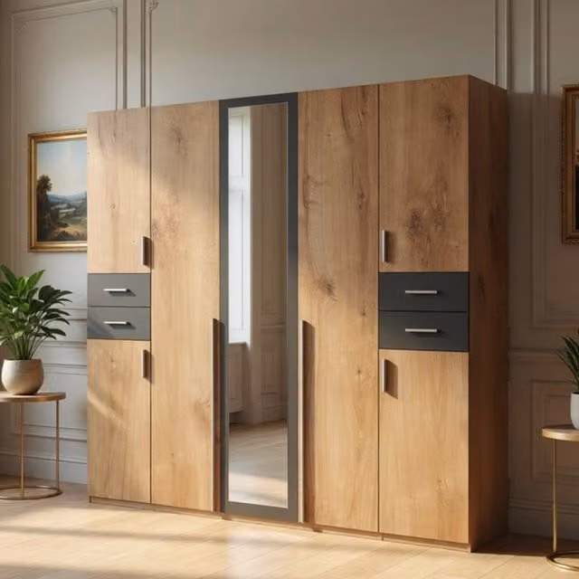 KDMD Vegas Oak 5 Door Wardrobe with 4 Drawers and Mirror in Brown – 1