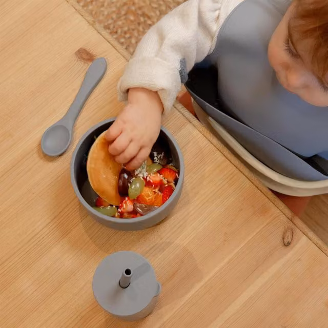 Tiny Dining Silicone Baby Suction Bowls with Lids, Pack of 3, Multicolour (Blue and Grey)